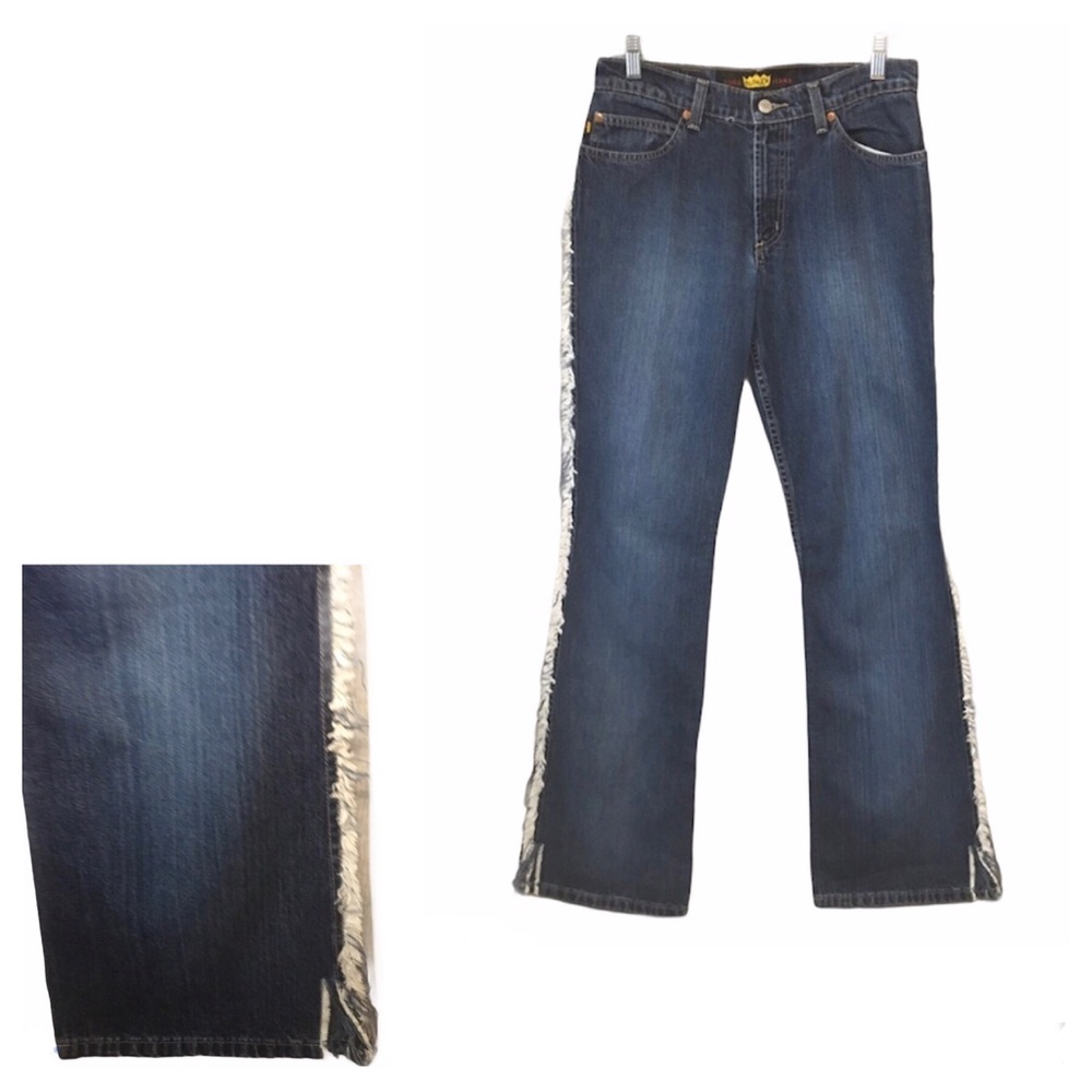VTG. TODD OLDHAM FRINGED DISTRESSED FLARED JEANS 7